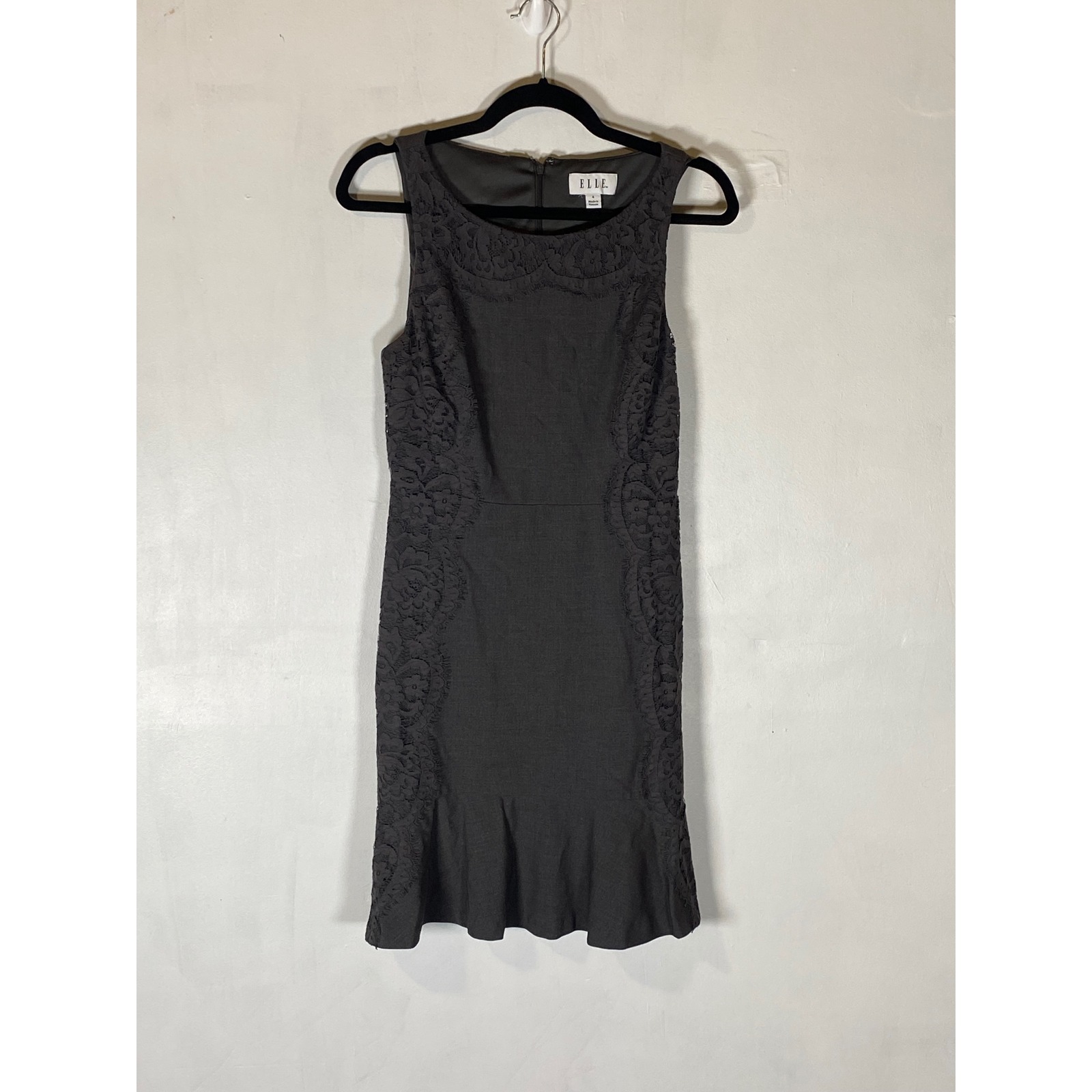Grey Lace Panel Ruffle Hem Sheath Dress Career 4 Office Cocktail Party Evening